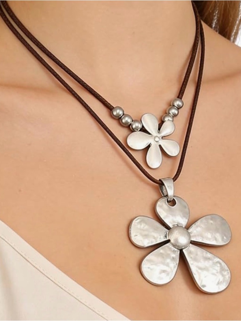 Over-sized Silver Flower Hammered Texture Layered Pendant Necklace - Brown Cord